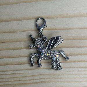 Silver Pegasus Unicorn Charm Pendant Rhinestones Lobster Clasp
